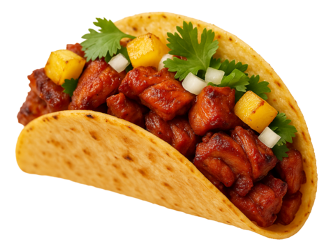 Grilled pork al pastor taco with pineapple chunks, cilantro, and onion in a soft corn tortilla.