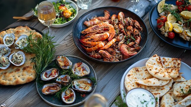 Delicious seafood feast grilled prawns oysters flatbread mediterranean dinner meal wine herb table