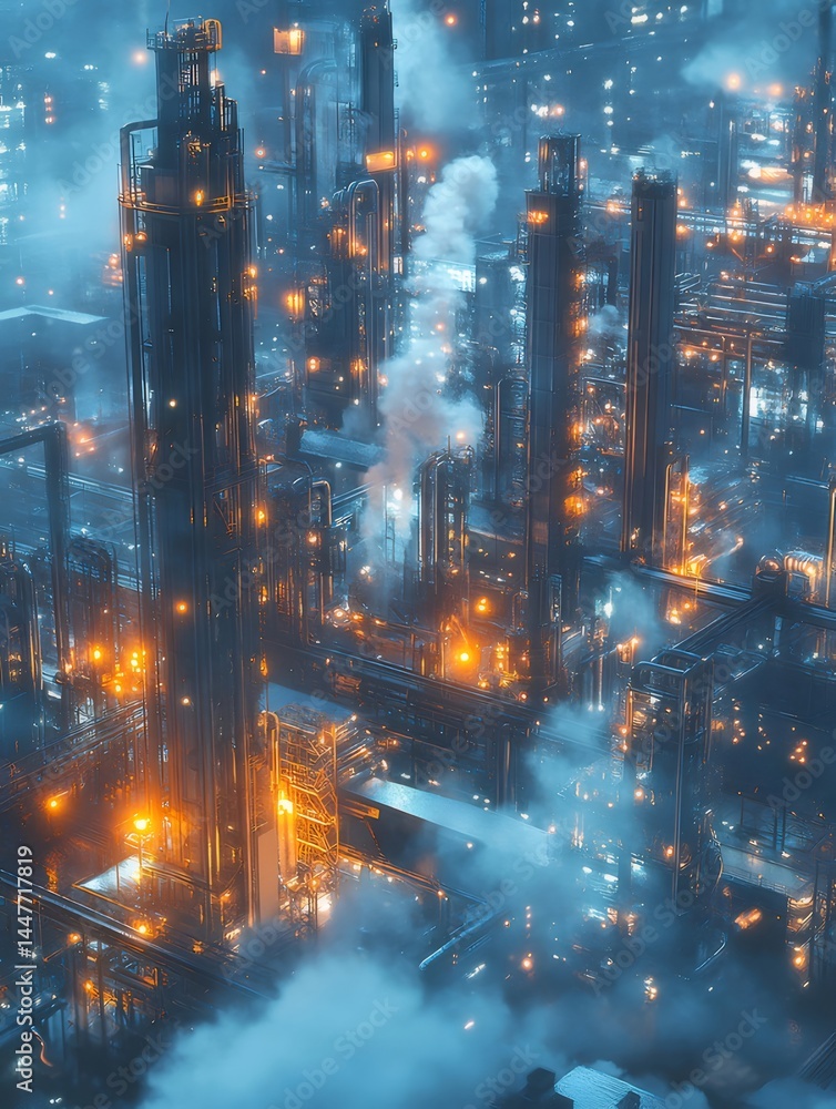 Poster 夜の都市景観 未来的な高層構造物と煙の立ち込める風景 鮮やかなオレンジ色の光が織りなす幻想的な情景