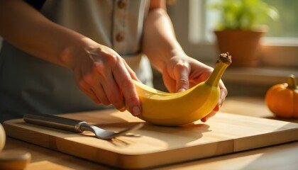cropped view of woman holding banana in hands near fork and knife