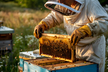 Beekeeper Examining Honeycomb Frame Lush