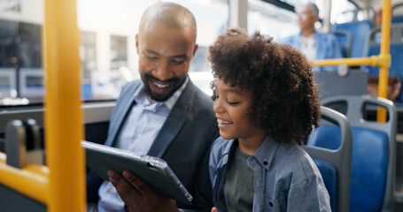 Smile, tablet and child with father in bus for morning commute, journey and trip with video. Technology, parent and boy in public transport for learning, travel and game for entertainment on internet © peopleimages.com