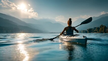Woman kayaks on calm lake at sunset, mountains in background. Warm light, blue water, silhouette view. Peaceful, serene atmosphere.