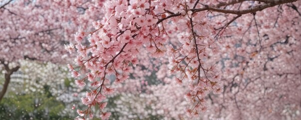 Abundant sakura blossoms, pink and white petals cascading down , floral, bloom, pastel