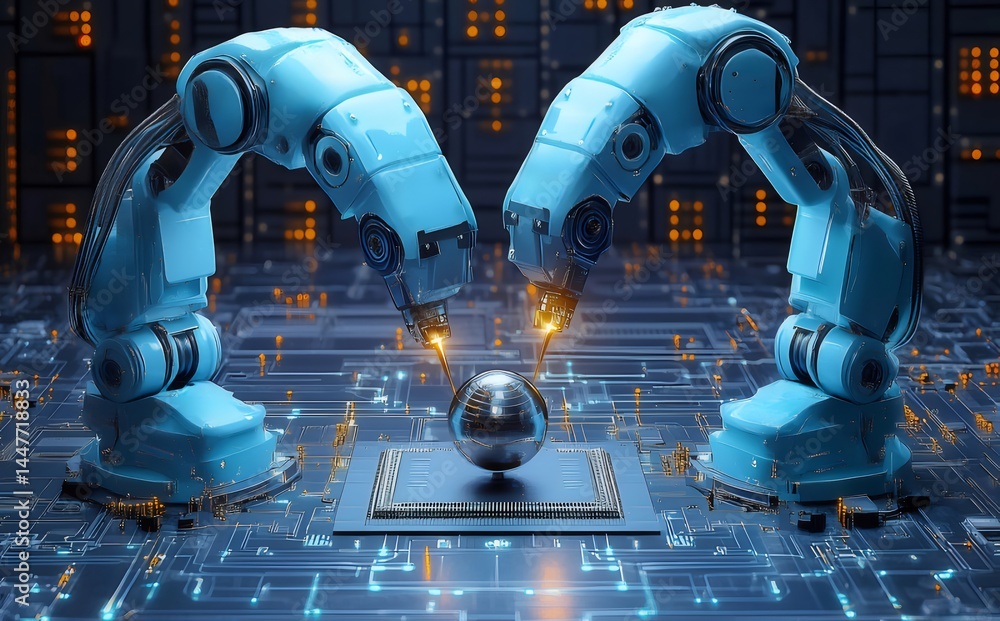 Aufkleber 近未来的な青いロボットアームが金属球体を操作するデジタル世界を表現したイメージ