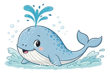 Naklejka premium A cute blue cartoon whale, a marine mammal swimming in the ocean, carries a heart, an illustration of aquatic life