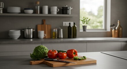 Preparing Healthy Food Fresh Vegetables on Cutting Board in Modern Kitchen