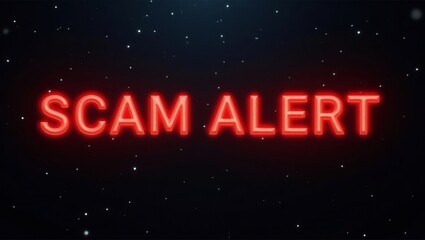A bold, glowing red 'SCAM ALERT' sign against a starry black background warning viewers of potential scams.