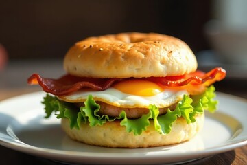 A savory egg and bacon muffin sandwich on white , closeup, fast food
