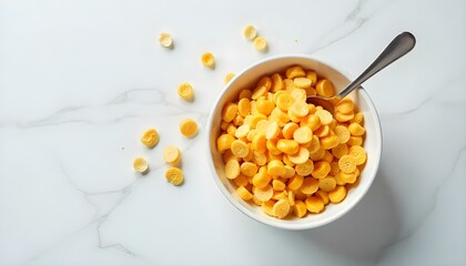 top view of bowl of cornflakes with spoon on white marble surface