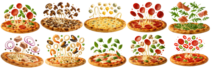 Assorted pizzas with toppings like pepperoni, mushrooms, cheese, seafood, arugula, and basil displayed with ingredients hovering over each pizza.