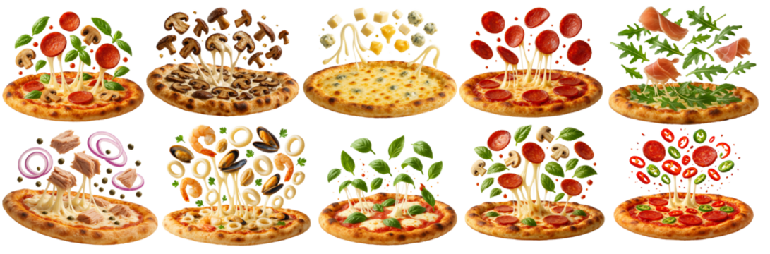 Assorted pizzas with toppings like pepperoni, mushrooms, cheese, seafood, arugula, and basil displayed with ingredients hovering over each pizza.