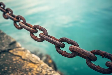 A rusty metal chain with strong iron links shows a broken connection, isolated on white in a 3d concept