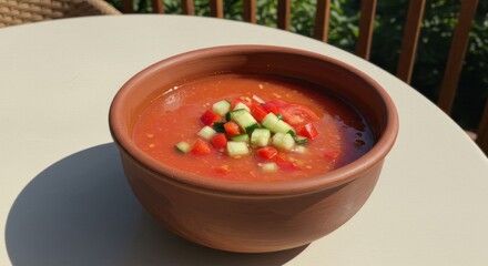 Fresh tomato soup in rustic bowl