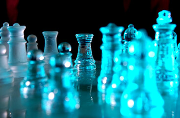 Close-up of a rook on a glass chessboard