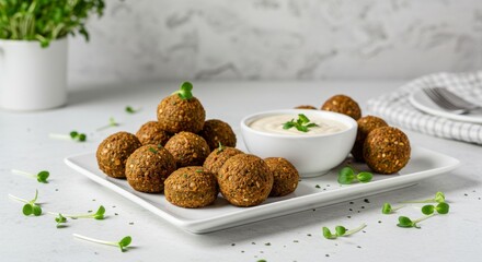 Falafel balls with creamy sauce on white plate