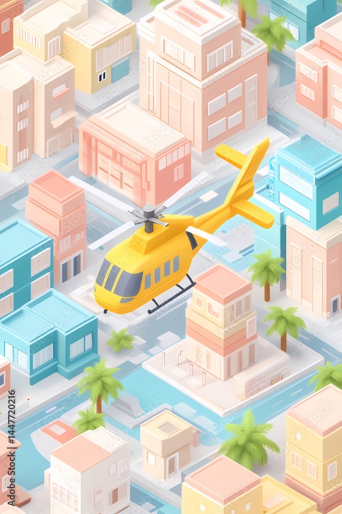 Aufkleber 黄色いヘリコプターが都市の上を飛ぶ3dイラスト 多数のカラフルな建物と木々が背景に広がる