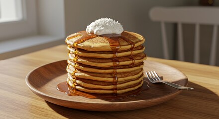 High stack of pancakes with syrup and whipped cream