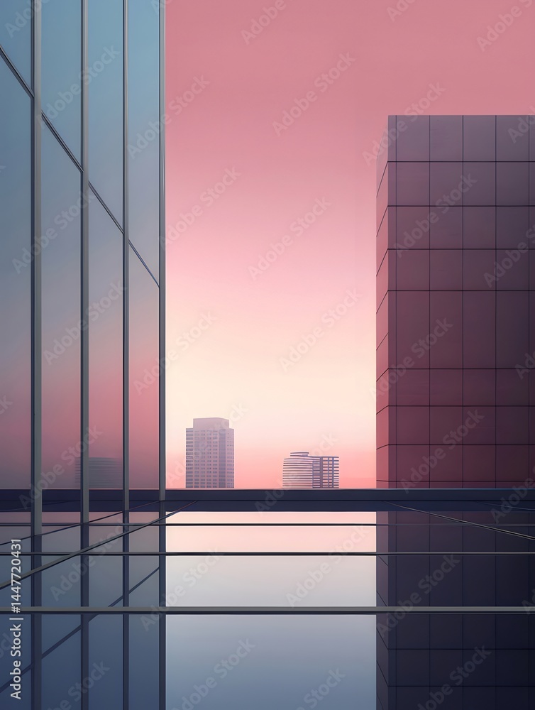 Aufkleber 夕焼け時の都市建築の鏡面反射 ピンクと紫の空とガラスの建物が特徴