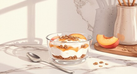 Yogurt parfait with peach granola breakfast