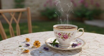 Cup of tea on outdoor table