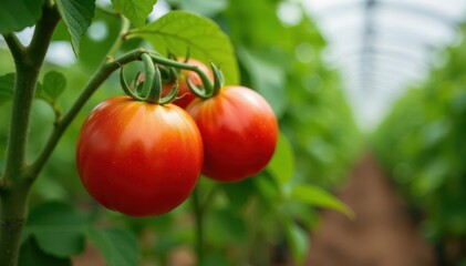 Luscious red tomatoes ripening on vine in greenhouse, farm, shiny, red color