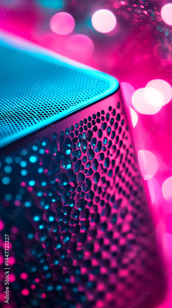 Poster close-up of textured surface with blue and pink neon lighting, creating a vibrant abstract pattern, 