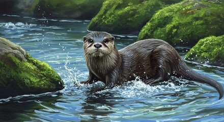 Otter in water among rocks