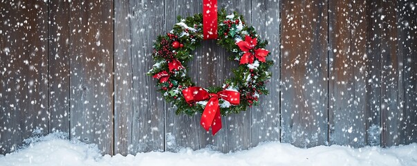 A beautiful holiday wreath adorned with red ribbons hanging on a rustic barn door surrounded by soft snow.
