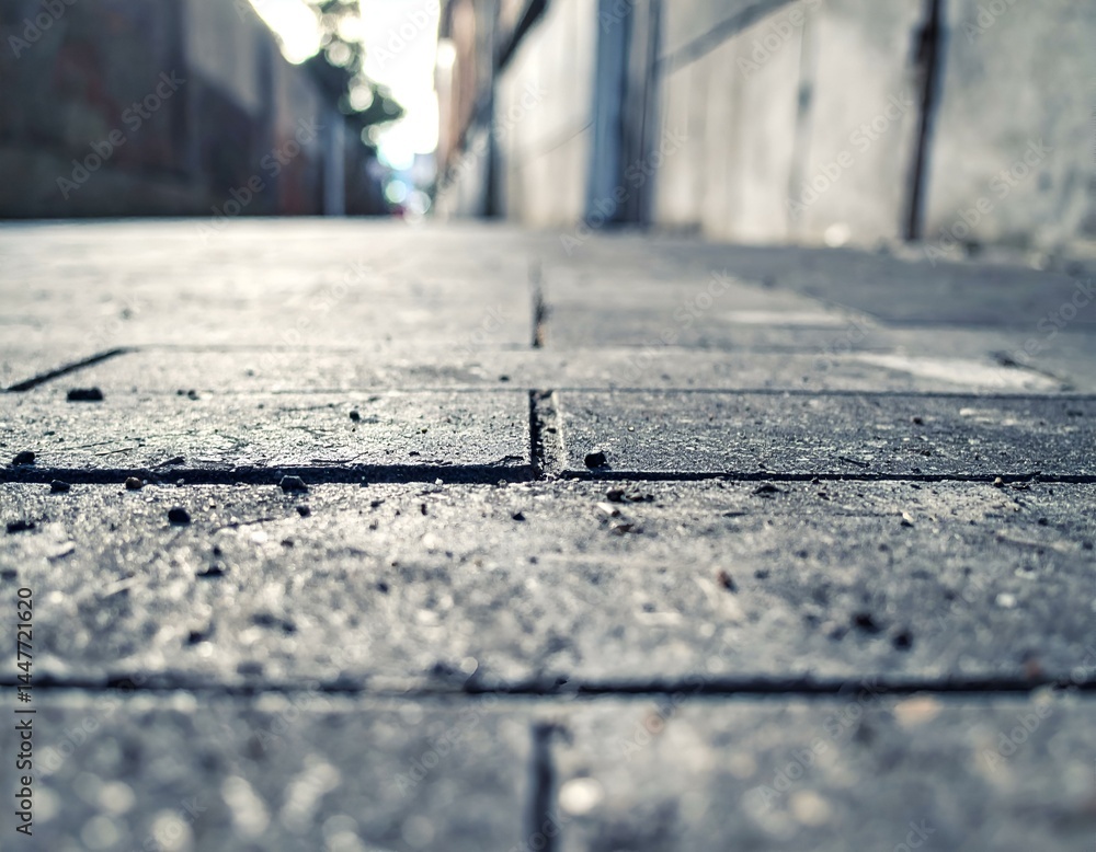 Poster close-up view of a paved alleyway, showcasing the texture and detail of the stones. the background i