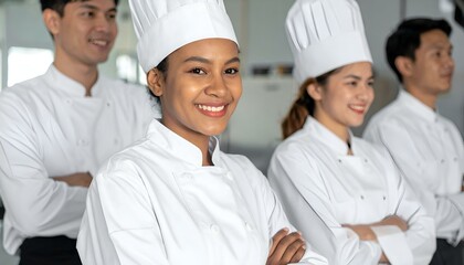 Obraz premium Confident female chef with arms crossed, smiling, in a team of chefs. Ideal for culinary, restaurant, or hospitality marketing.
