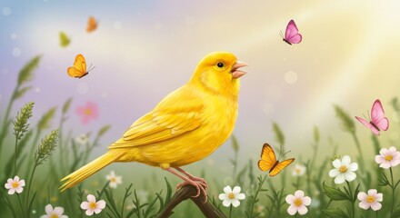 Yellow bird among flowers and butterflies