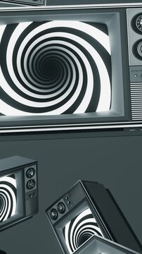 Falling vintage TV with hypnotic spiral &mdash; Vertical Video seamless 3d loop
