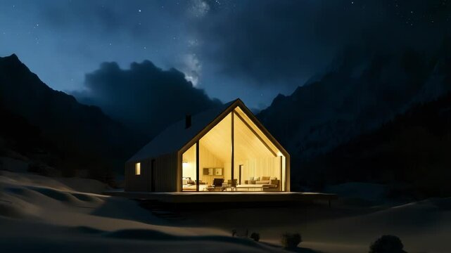 A modern modular smart home with sleek architectural design stands in a snowy winter landscape, symbolizing sustainable living and energy efficiency, captured at the moment of day transitioning into n