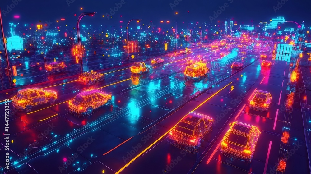 Poster サイバーパンクな都市高速道路の未来的な夜景 輝く光と車が走るデジタル風景