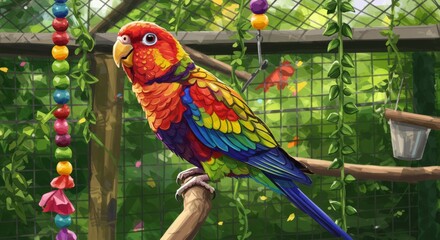 Colorful parrot on branch with beads