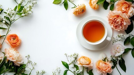 Peach and White Floral Arrangement with Teacup - Illustration