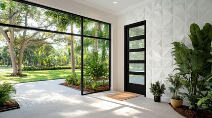 Modern home interior with large windows and outdoor view