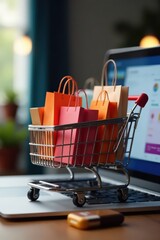Product packages and shopping bags in a virtual cart on screen with laptop, e-commerce, digital goods, product packaging