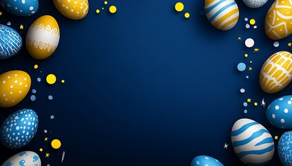 Easter background with blue, yellow and white eggs on a dark blue background.