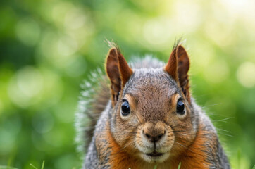 Fototapeta premium A detailed portrait of a curious squirrel, looking directly at the camera with intense eyes.