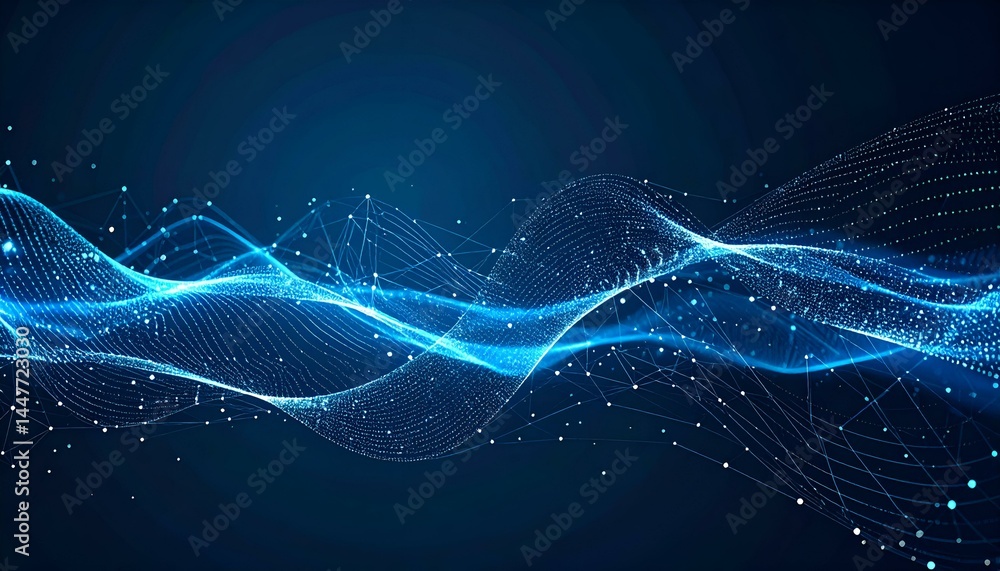 Poster abstract blue glowing wave with connected dots and lines. perfect for technology, data, or network c