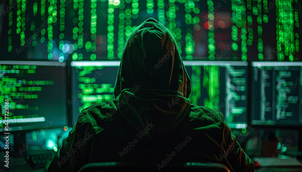 Poster shadow hacker: a hooded figure immersed in the glow of multiple computer monitors, the screen filled