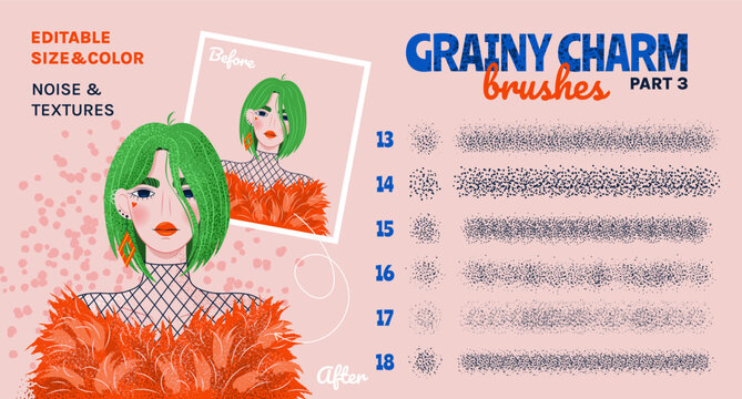 Grain scatter brushes. Set 3. Creative collection with noise effect, grunge textures, paint splash, halftone. Design kit with basics and brush strokes. Swatches included. Editable size and color.