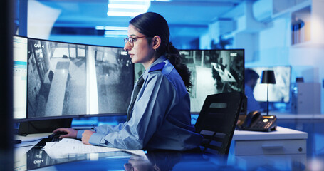 Security, computer and woman on monitor in control room for surveillance, investigation and...