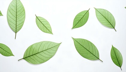 Fototapeta premium Green leaves arranged symmetrically on a white background. Simple, elegant nature design. Perfect for eco-friendly themes.