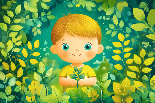 Cartoon Boy Holding Plant in Yellow Botanical Background