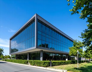 Fototapeta premium Modern glass office building on a sunny day. Perfect for real estate, architecture, and business concepts.