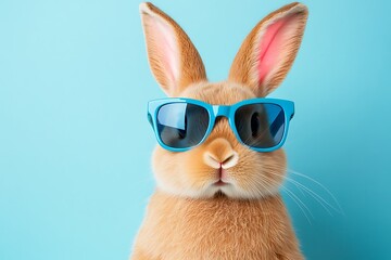 An Easter bunny wearing blue sunglasses on a pastel background