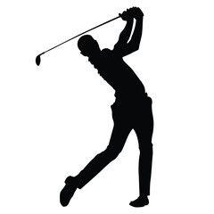 Obraz premium Silhouette of a golf player swinging club, isolated on white background — dynamic golf posture, perfect for sports, fitness, and hobby concepts